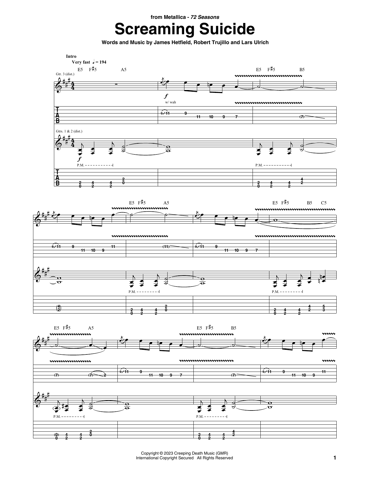 Metallica Screaming Suicide sheet music notes and chords arranged for Guitar Tab