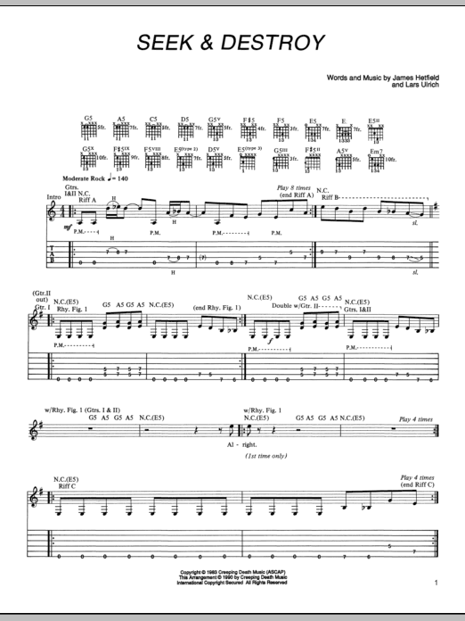 Metallica Seek & Destroy sheet music notes and chords arranged for Piano, Vocal & Guitar Chords (Right-Hand Melody)