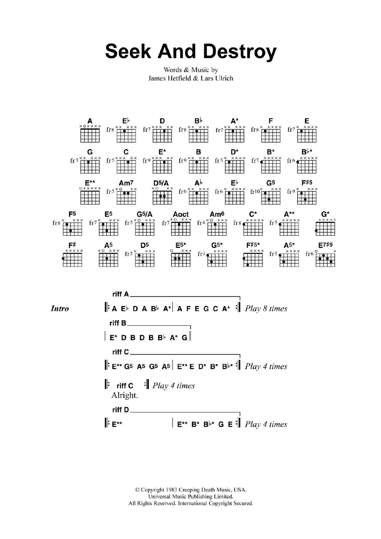 Metallica Seek And Destroy sheet music notes and chords arranged for Guitar Chords/Lyrics