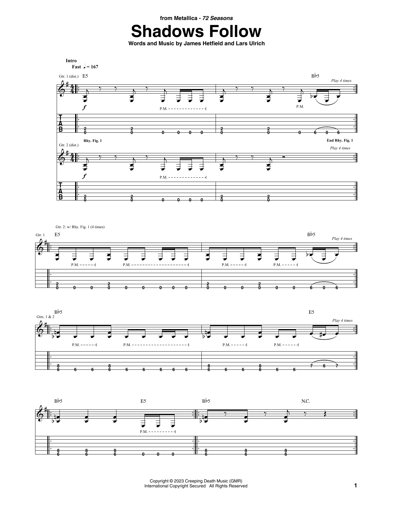 Metallica Shadows Follow sheet music notes and chords arranged for Guitar Tab