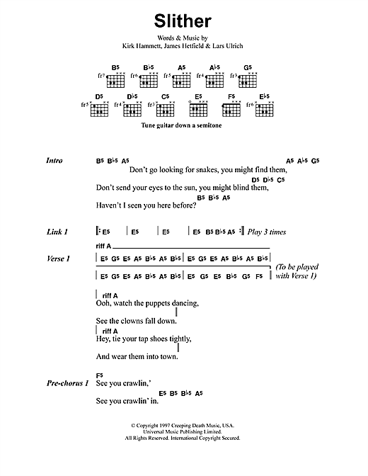 Metallica Slither sheet music notes and chords arranged for Guitar Tab