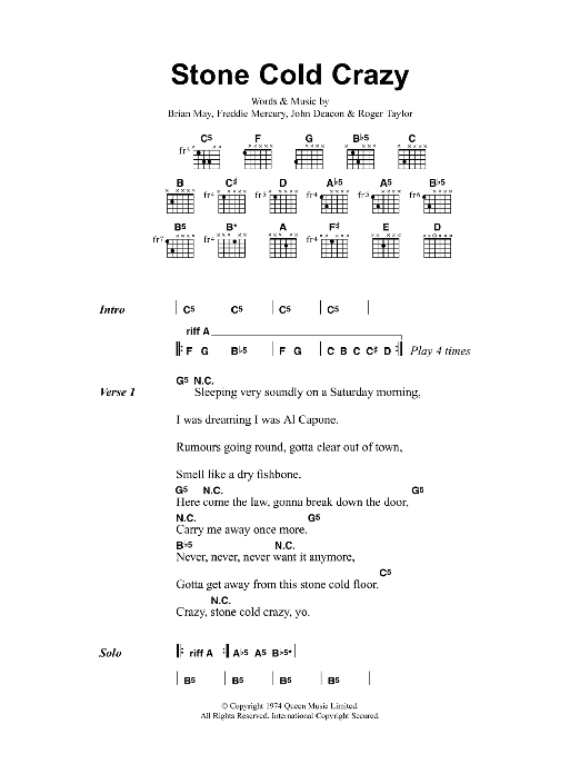 Metallica Stone Cold Crazy sheet music notes and chords arranged for Guitar Chords/Lyrics
