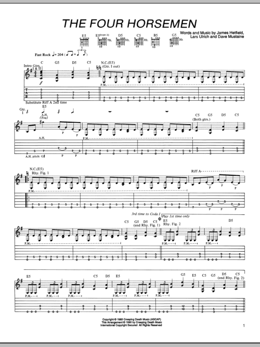 Metallica The Four Horsemen sheet music notes and chords arranged for Bass Guitar Tab