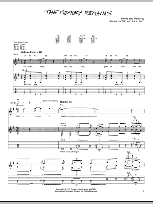 Metallica The Memory Remains sheet music notes and chords arranged for Bass Guitar Tab