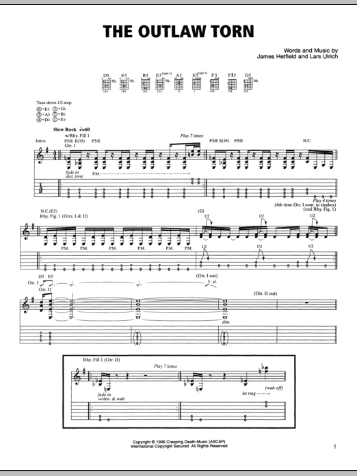 Metallica The Outlaw Torn sheet music notes and chords arranged for Guitar Tab