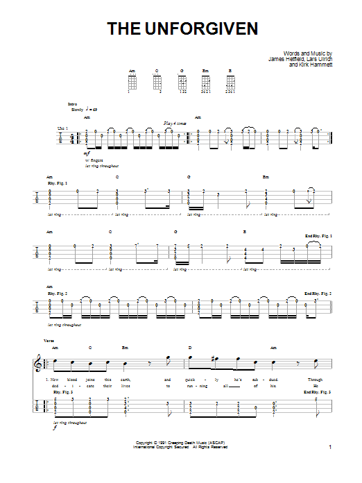 Metallica The Unforgiven sheet music notes and chords arranged for Bass Guitar Tab