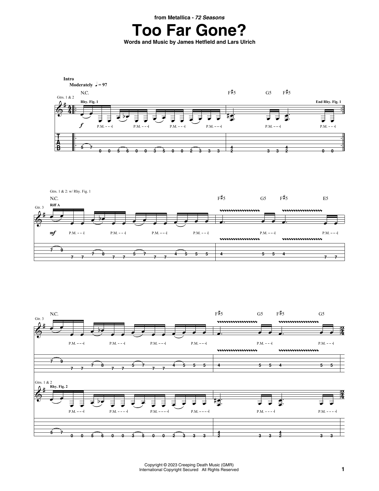 Metallica Too Far Gone? sheet music notes and chords arranged for Guitar Tab