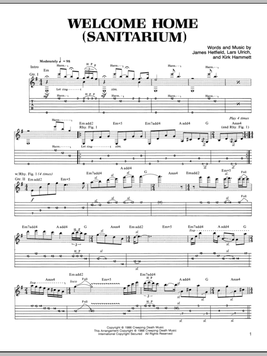Metallica Welcome Home (Sanitarium) sheet music notes and chords arranged for Piano, Vocal & Guitar Chords (Right-Hand Melody)