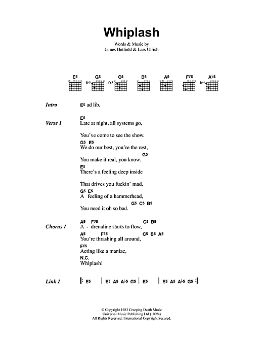 Metallica Whiplash sheet music notes and chords arranged for Guitar Chords/Lyrics