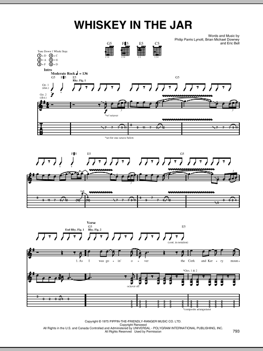 Metallica Whiskey In The Jar sheet music notes and chords arranged for Guitar Chords/Lyrics