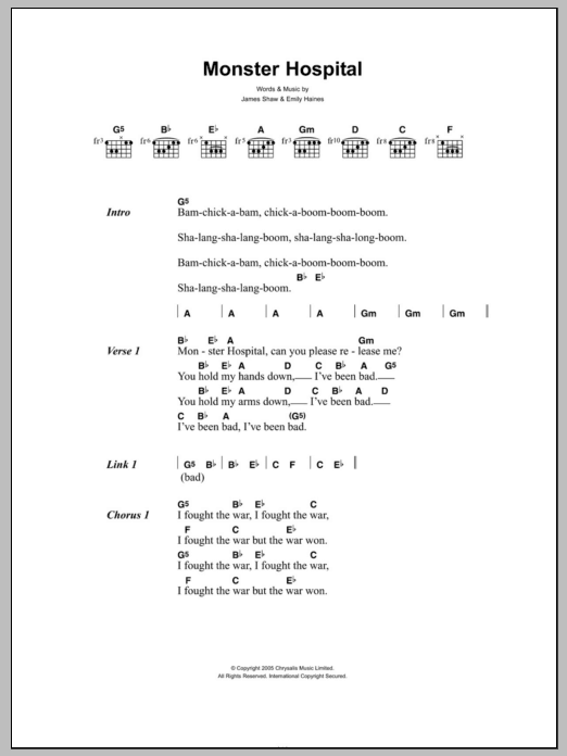 Metric Monster Hospital sheet music notes and chords arranged for Guitar Chords/Lyrics