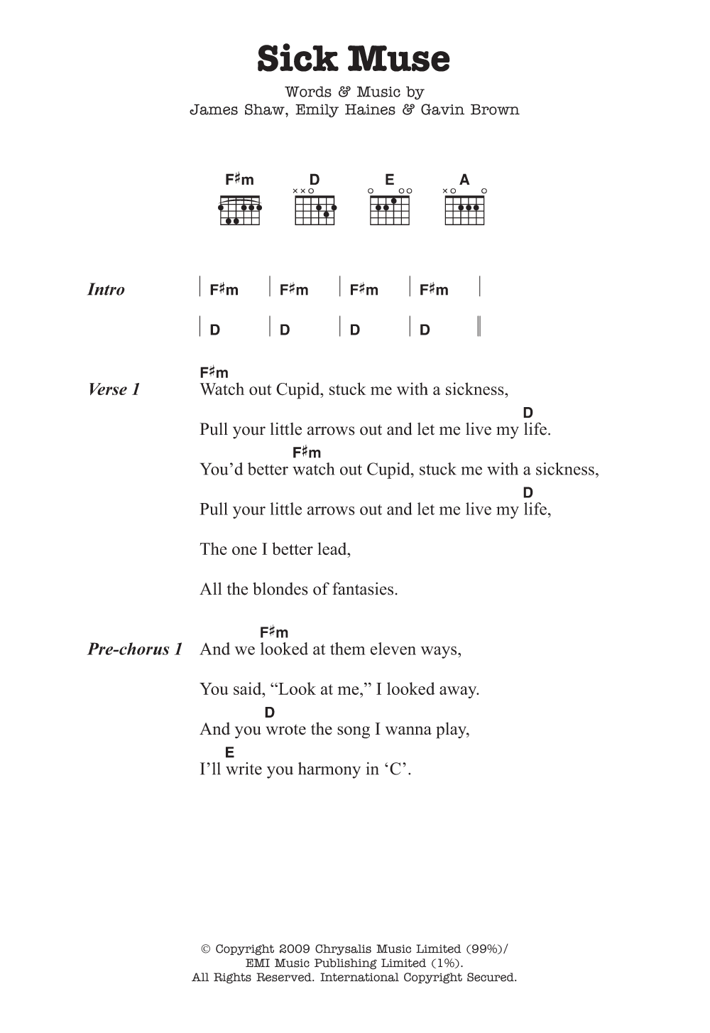 Metric Sick Muse sheet music notes and chords arranged for Guitar Chords/Lyrics
