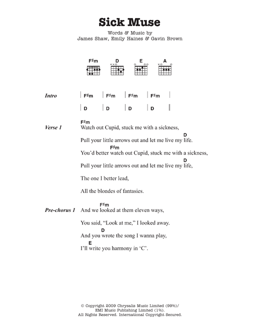 Metric Sick Muse sheet music notes and chords arranged for Guitar Chords/Lyrics