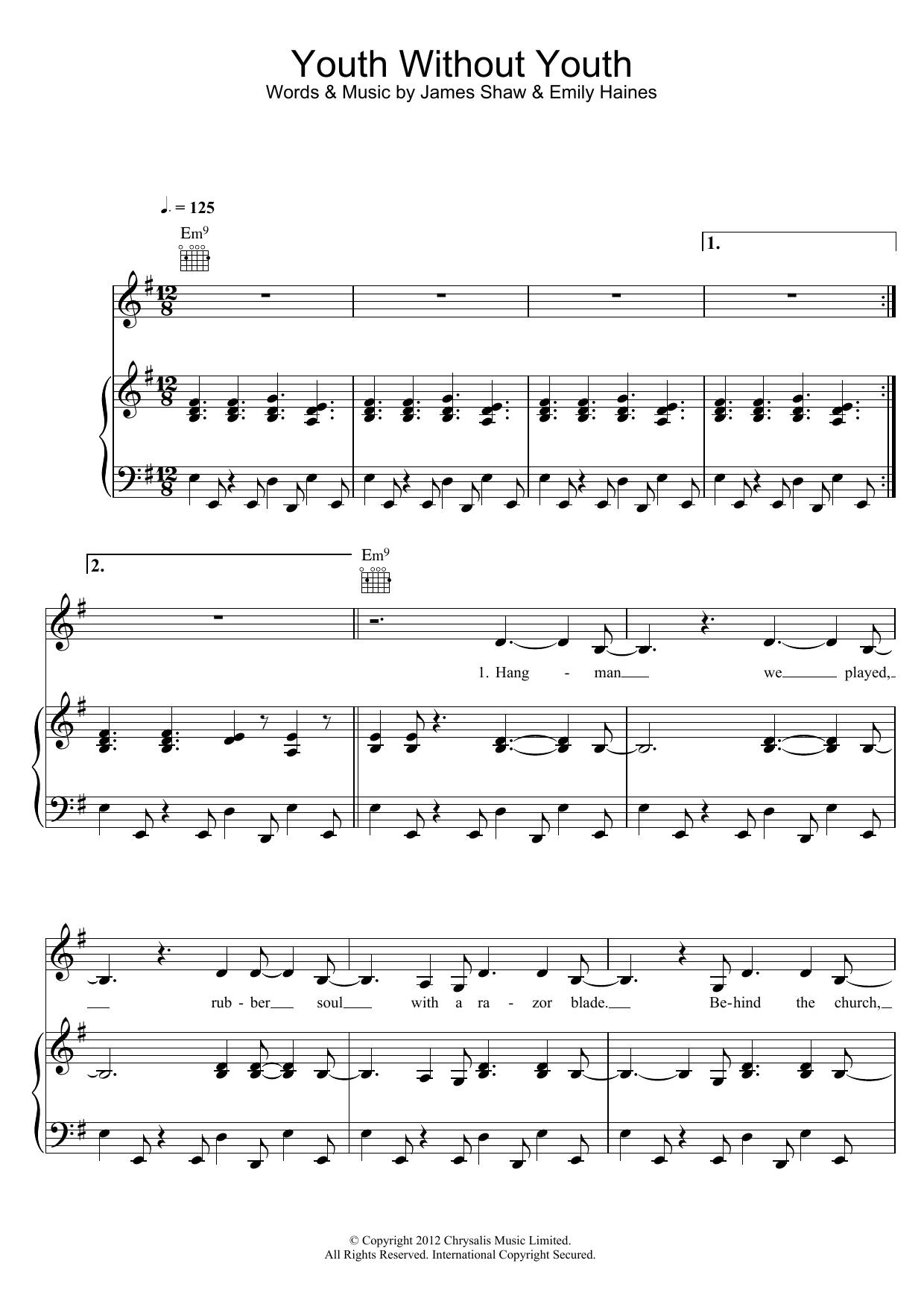 Metric Youth Without Youth sheet music notes and chords arranged for Piano, Vocal & Guitar Chords