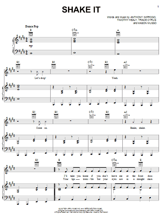 Metro Station Shake It sheet music notes and chords arranged for Piano, Vocal & Guitar Chords (Right-Hand Melody)