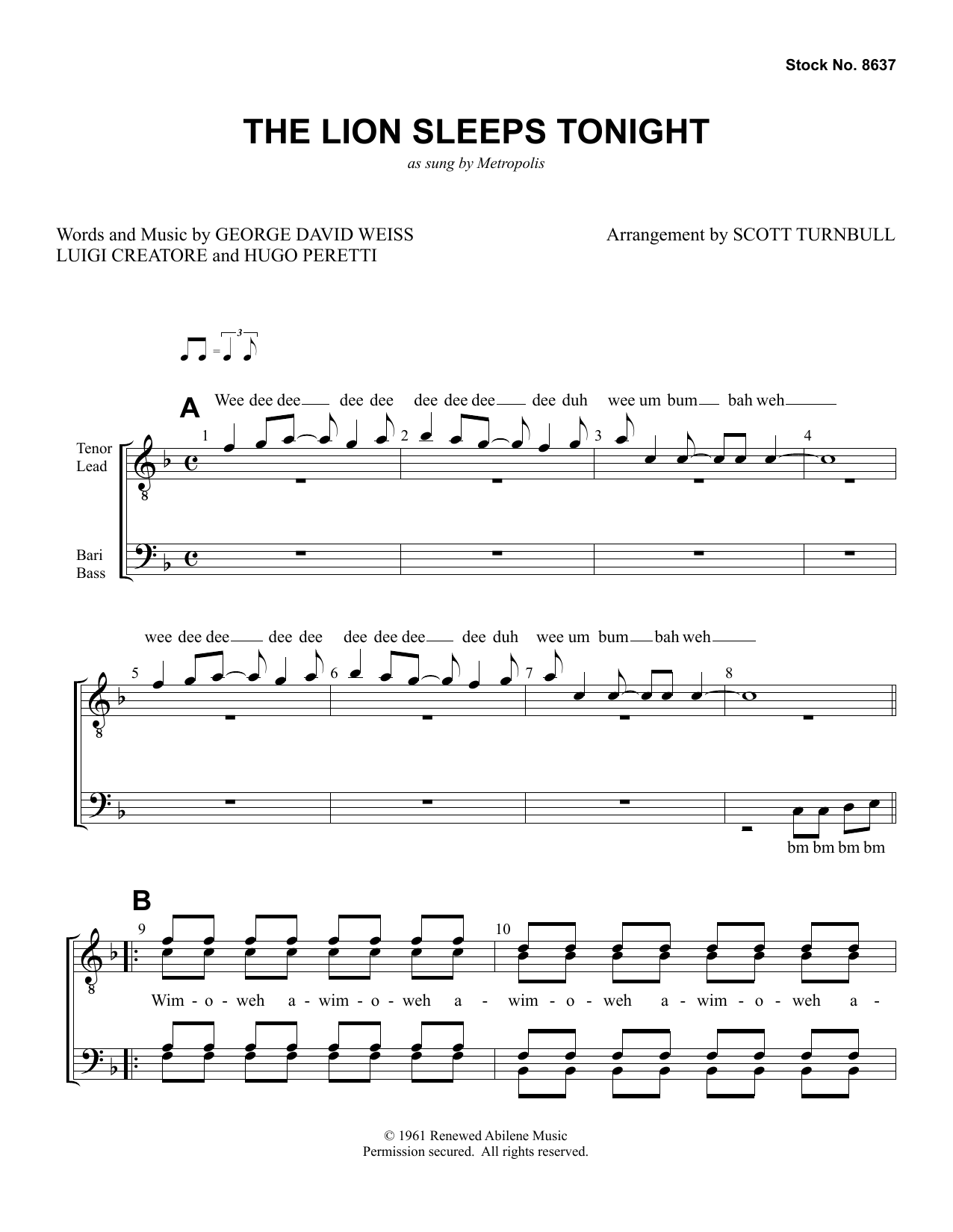 Metropolis The Lion Sleeps Tonight (arr. Scott Turnbull) sheet music notes and chords arranged for TTBB Choir