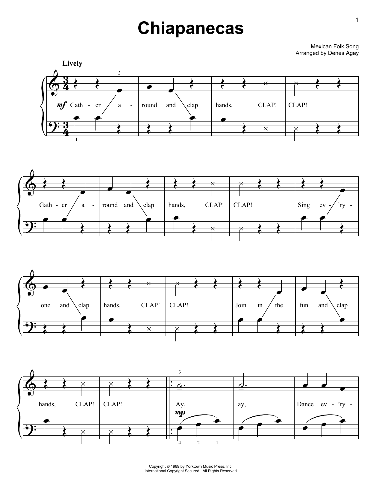 Mexican Folk Song Chiapanecas (arr. Denes Agay) sheet music notes and chords arranged for Easy Piano