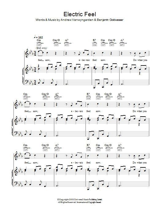 MGMT Electric Feel sheet music notes and chords arranged for Piano, Vocal & Guitar Chords