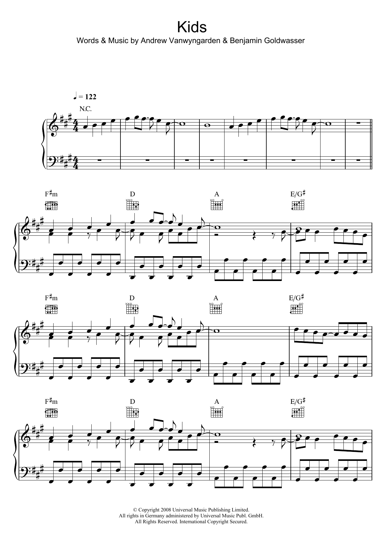 MGMT Kids sheet music notes and chords arranged for Piano Chords/Lyrics