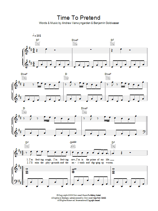 MGMT Time To Pretend sheet music notes and chords arranged for Piano, Vocal & Guitar Chords