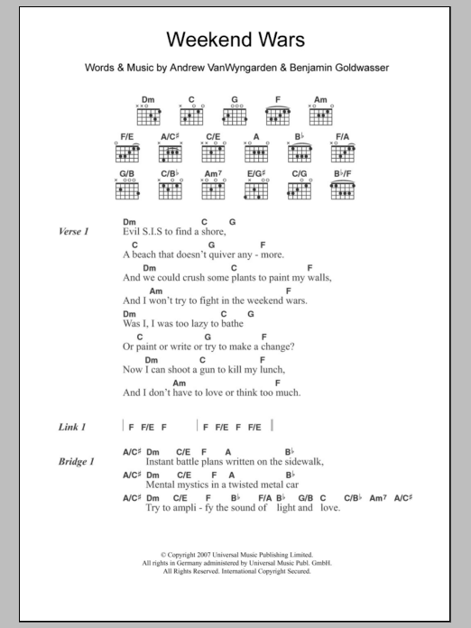 MGMT Weekend Wars sheet music notes and chords arranged for Guitar Chords/Lyrics