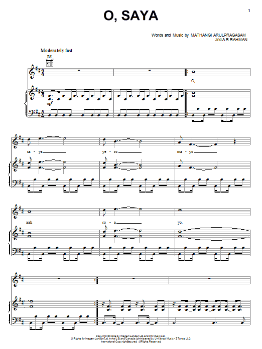 M.I.A. O, Saya sheet music notes and chords arranged for Piano, Vocal & Guitar Chords (Right-Hand Melody)