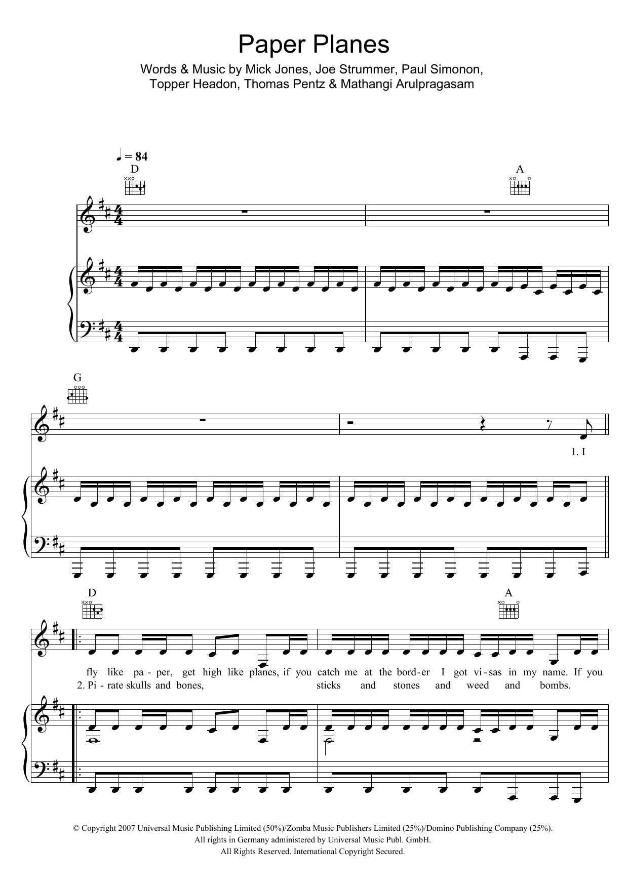M.I.A. Paper Planes sheet music notes and chords arranged for Piano, Vocal & Guitar Chords (Right-Hand Melody)