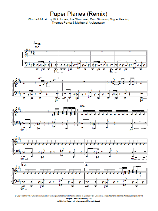 M.I.A. Paper Planes Remix sheet music notes and chords arranged for Piano, Vocal & Guitar Chords