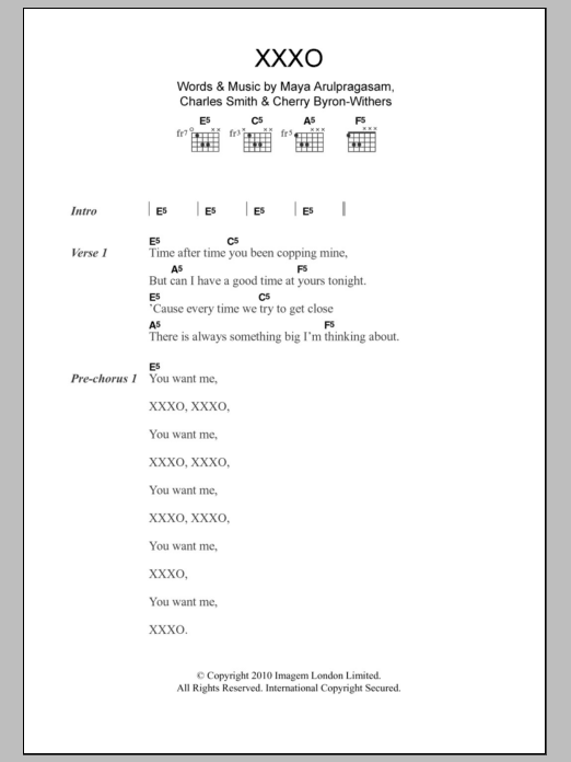 M.I.A. XXXO sheet music notes and chords arranged for Guitar Chords/Lyrics
