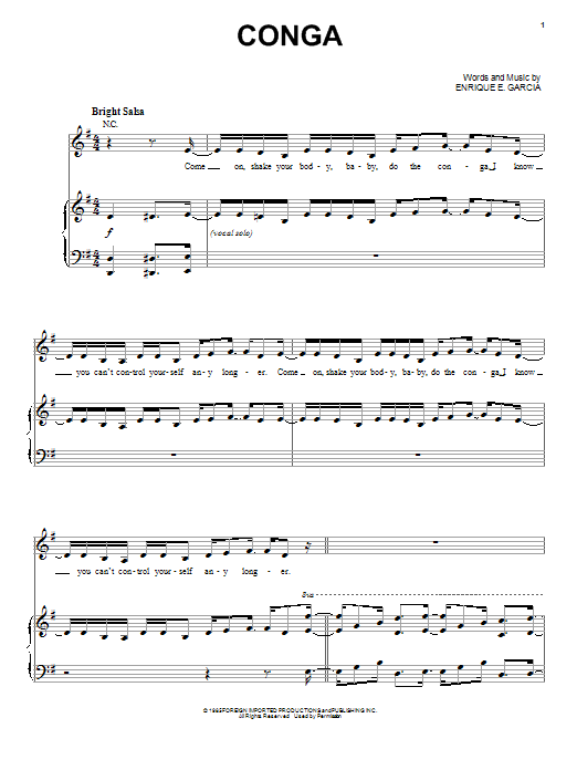 Miami Sound Machine Conga sheet music notes and chords arranged for Piano, Vocal & Guitar Chords (Right-Hand Melody)