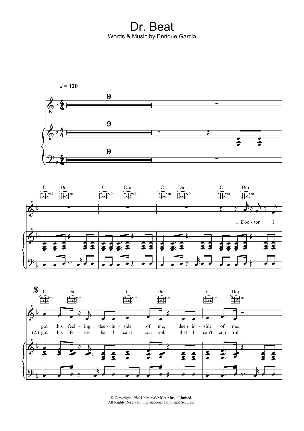 Miami Sound Machine Dr. Beat sheet music notes and chords arranged for Piano, Vocal & Guitar Chords