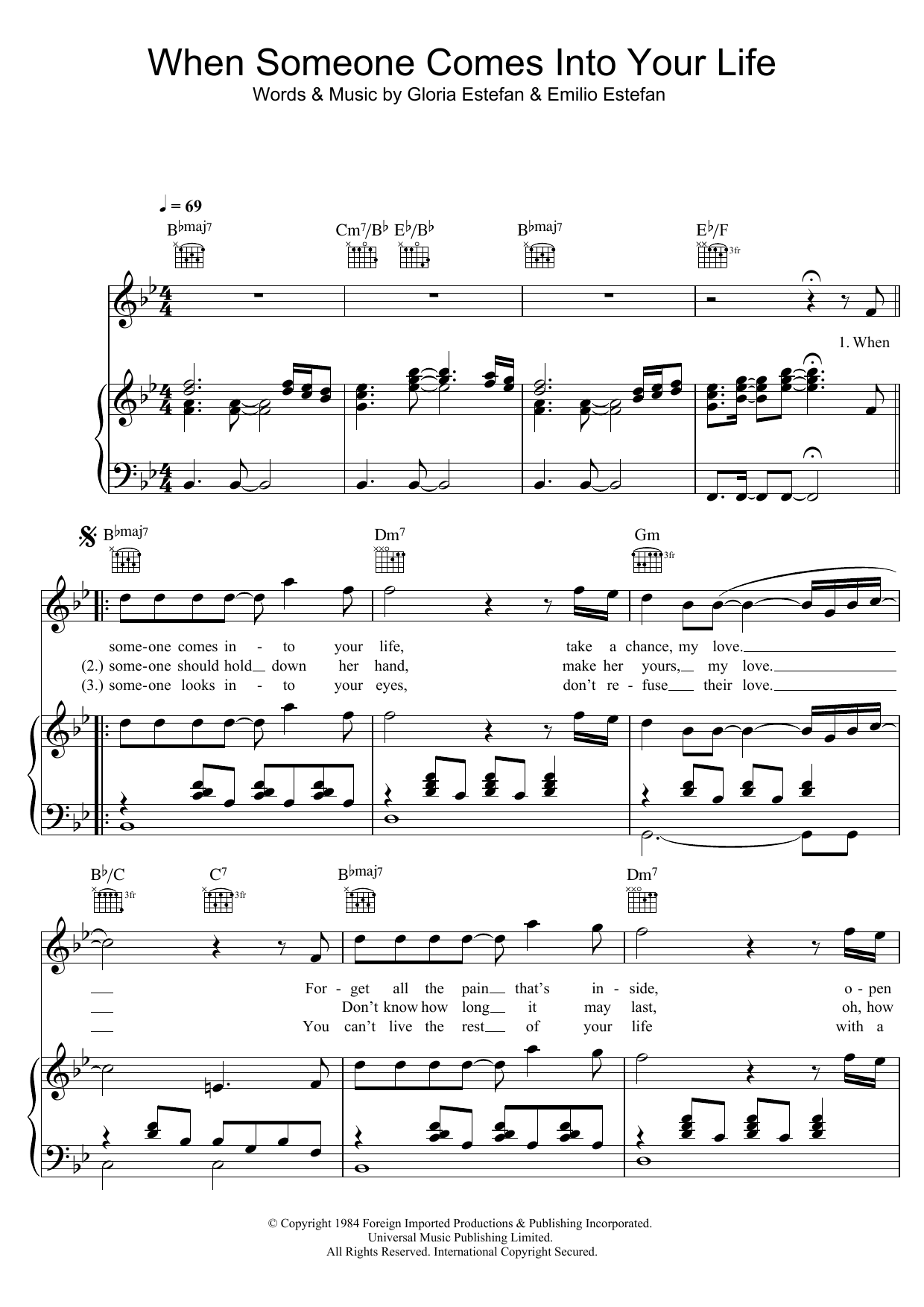 Miami Sound Machine When Someone Comes Into Your Life sheet music notes and chords arranged for Piano, Vocal & Guitar Chords