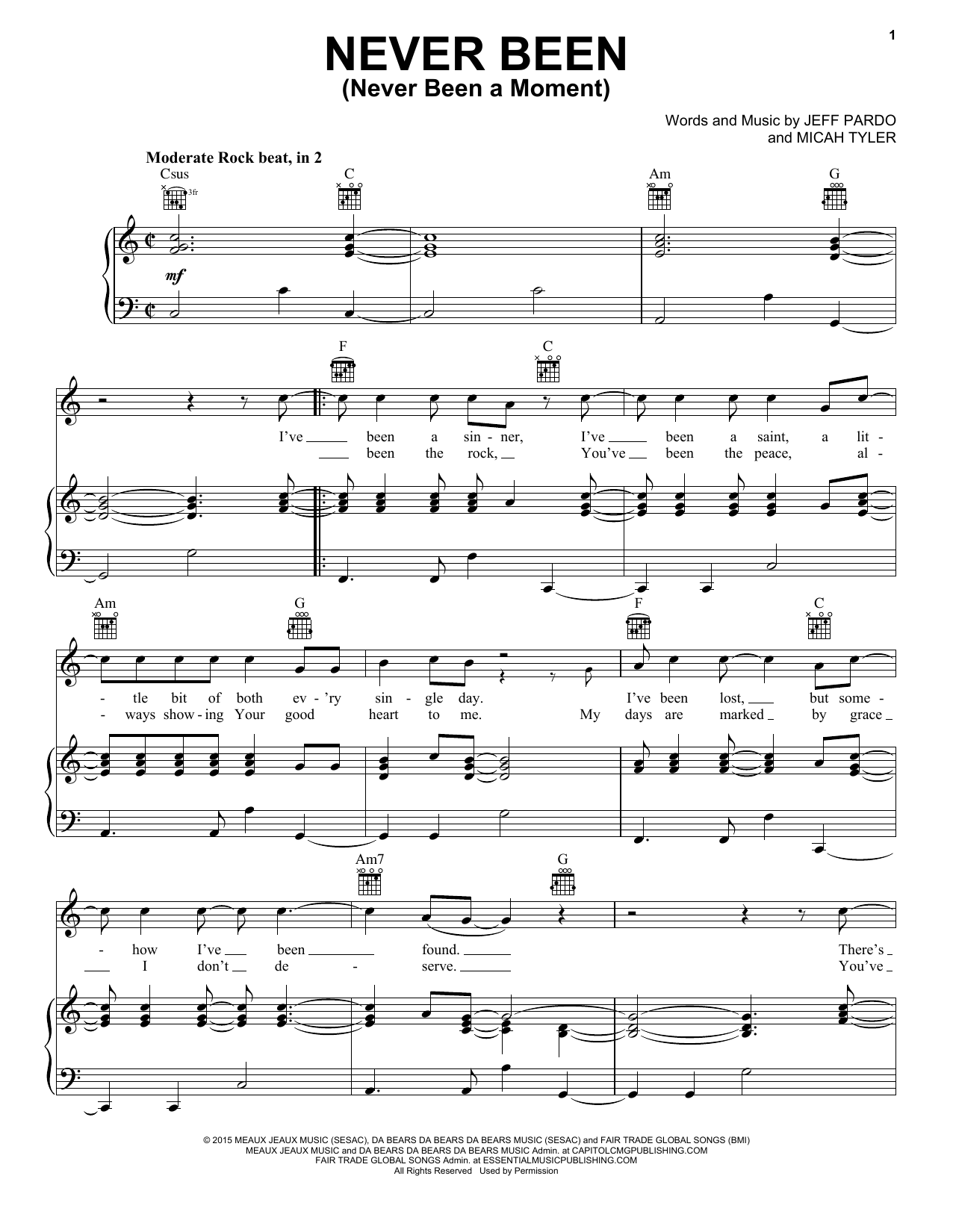 Micah Tyler Never Been (Never Been A Moment) sheet music notes and chords arranged for Piano, Vocal & Guitar Chords (Right-Hand Melody)