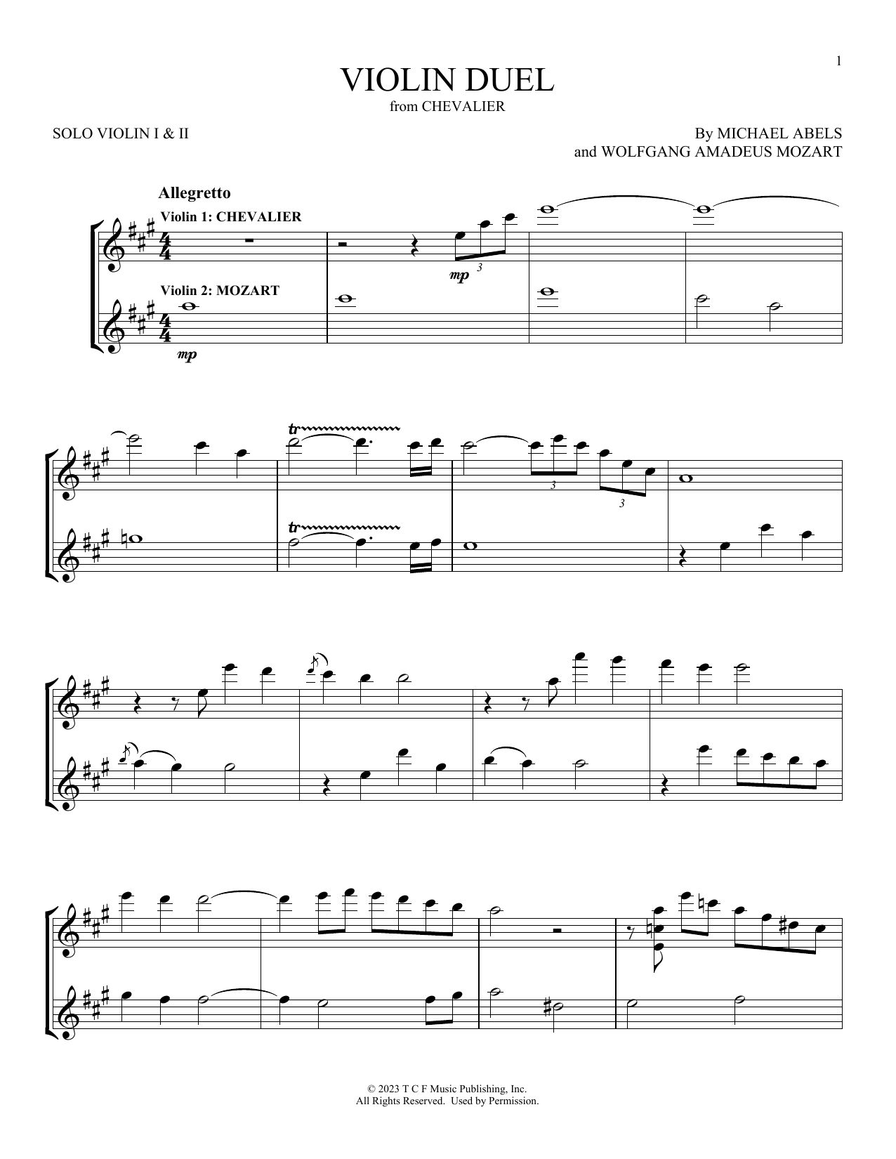 Michael Abels Violin Duel (from Chevalier) sheet music notes and chords arranged for Violin Duet