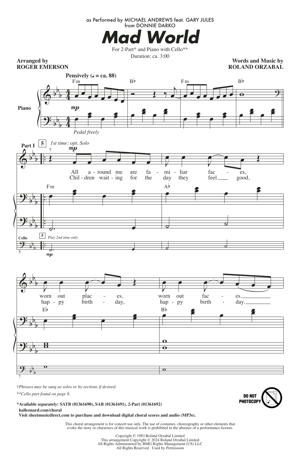 Michael Andrews Feat. Gary Jules Mad World (arr. Roger Emerson) sheet music notes and chords arranged for SATB Choir