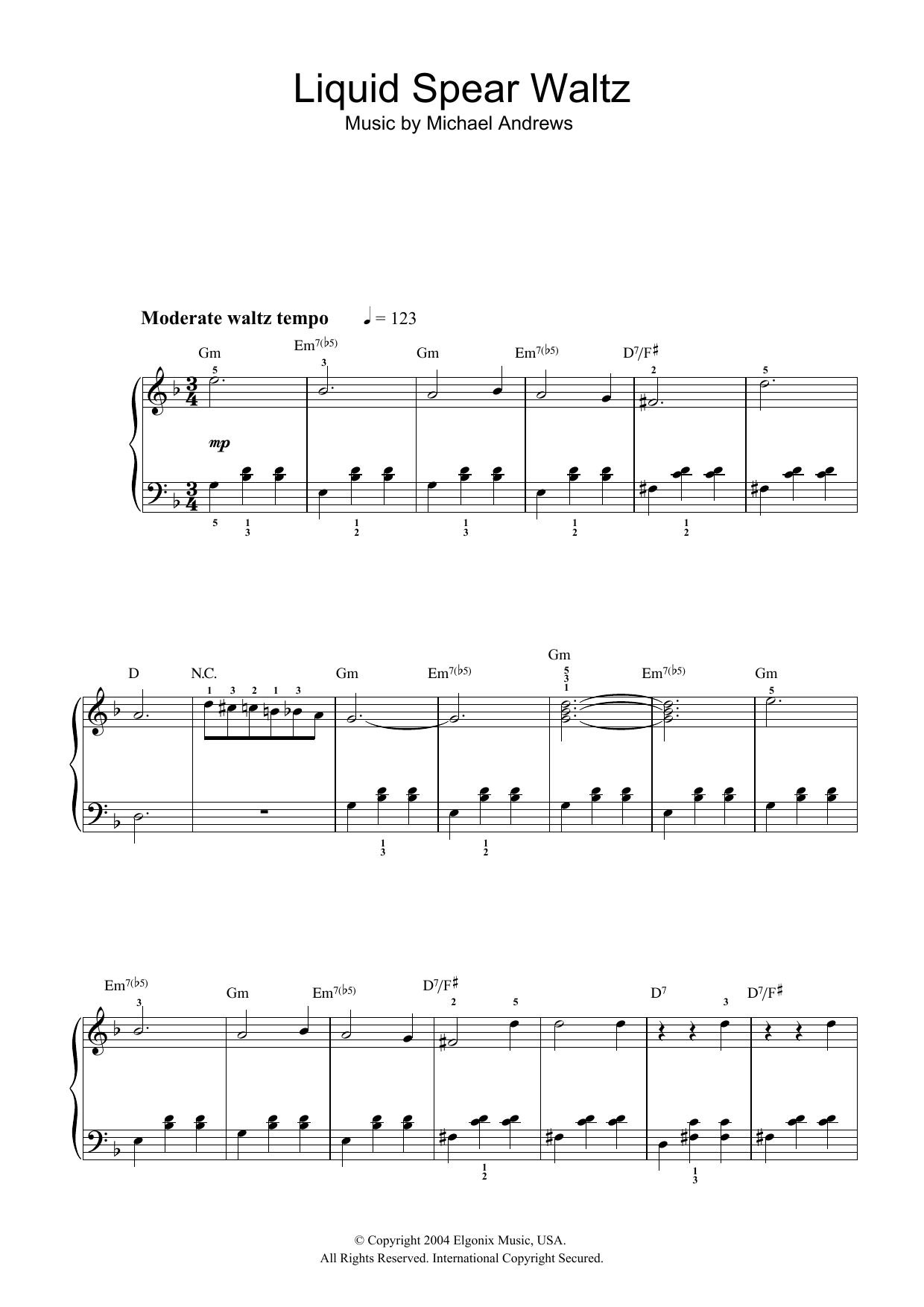 Michael Andrews Liquid Spear Waltz (from Donnie Darko) sheet music notes and chords arranged for Easy Piano
