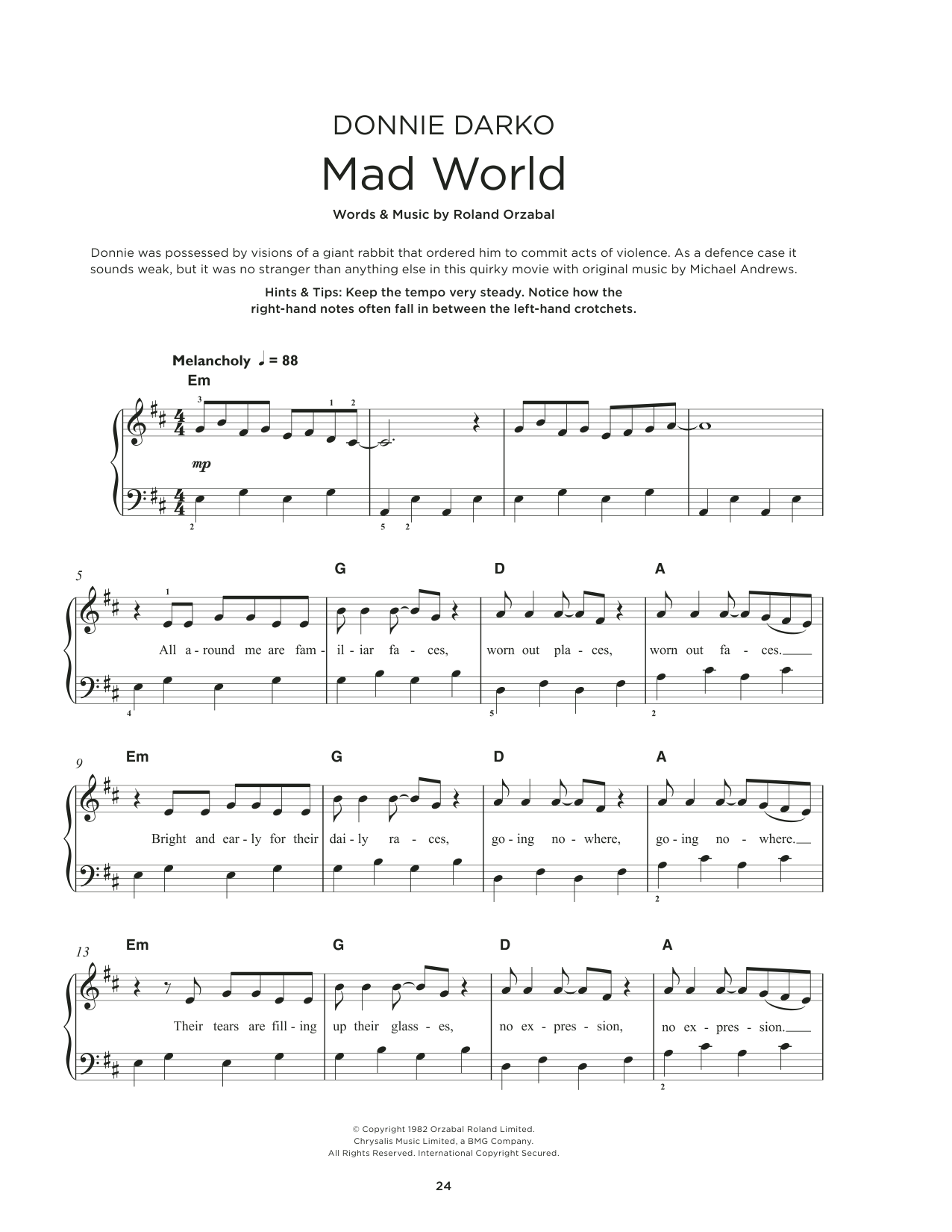 Michael Andrews Mad World (feat. Gary Jules) sheet music notes and chords arranged for Really Easy Piano