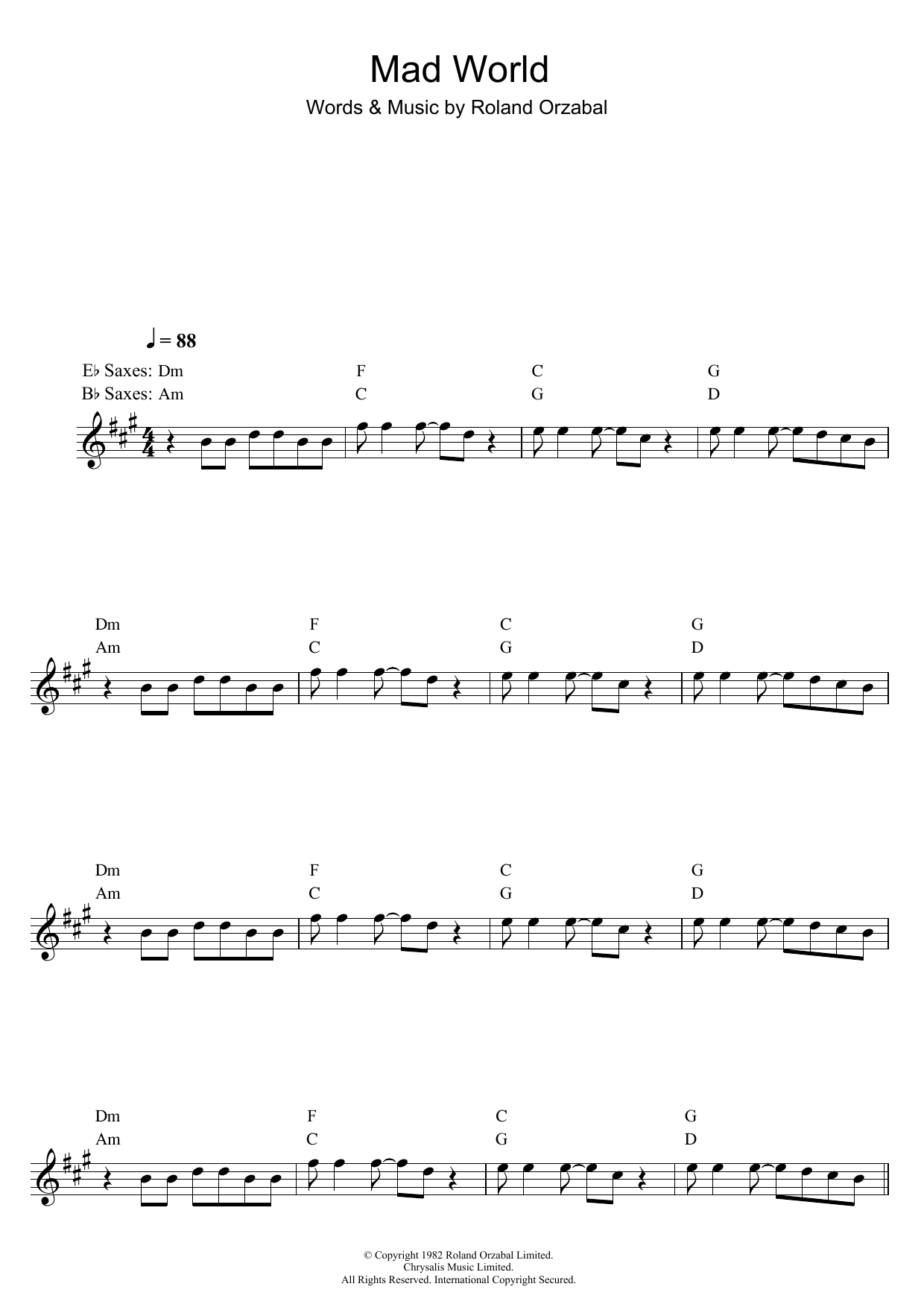 Michael Andrews Mad World (from Donnie Darko) sheet music notes and chords arranged for Alto Sax Solo