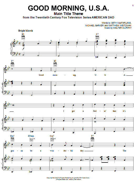 Michael Barker American Dad - Main Title Theme (Good Morning U.S.A.) sheet music notes and chords arranged for Piano, Vocal & Guitar Chords (Right-Hand Melody)