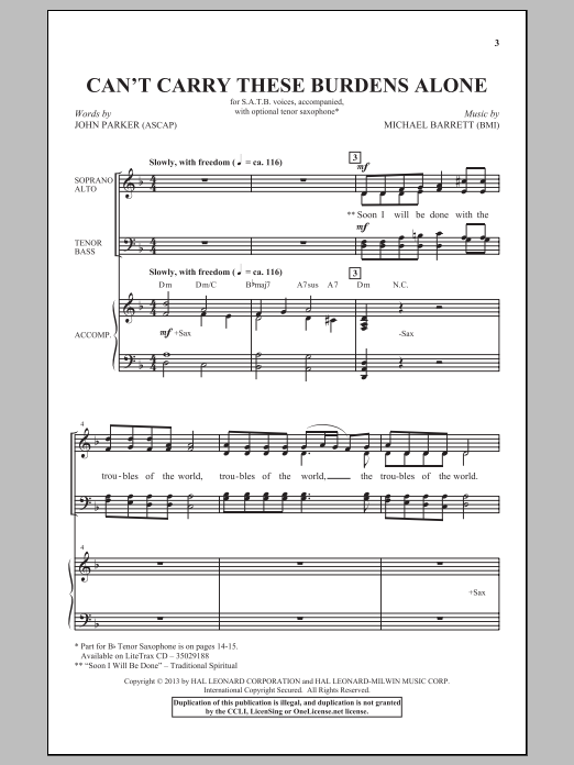 Michael Barrett Can't Carry These Burdens Alone sheet music notes and chords arranged for SSAA Choir