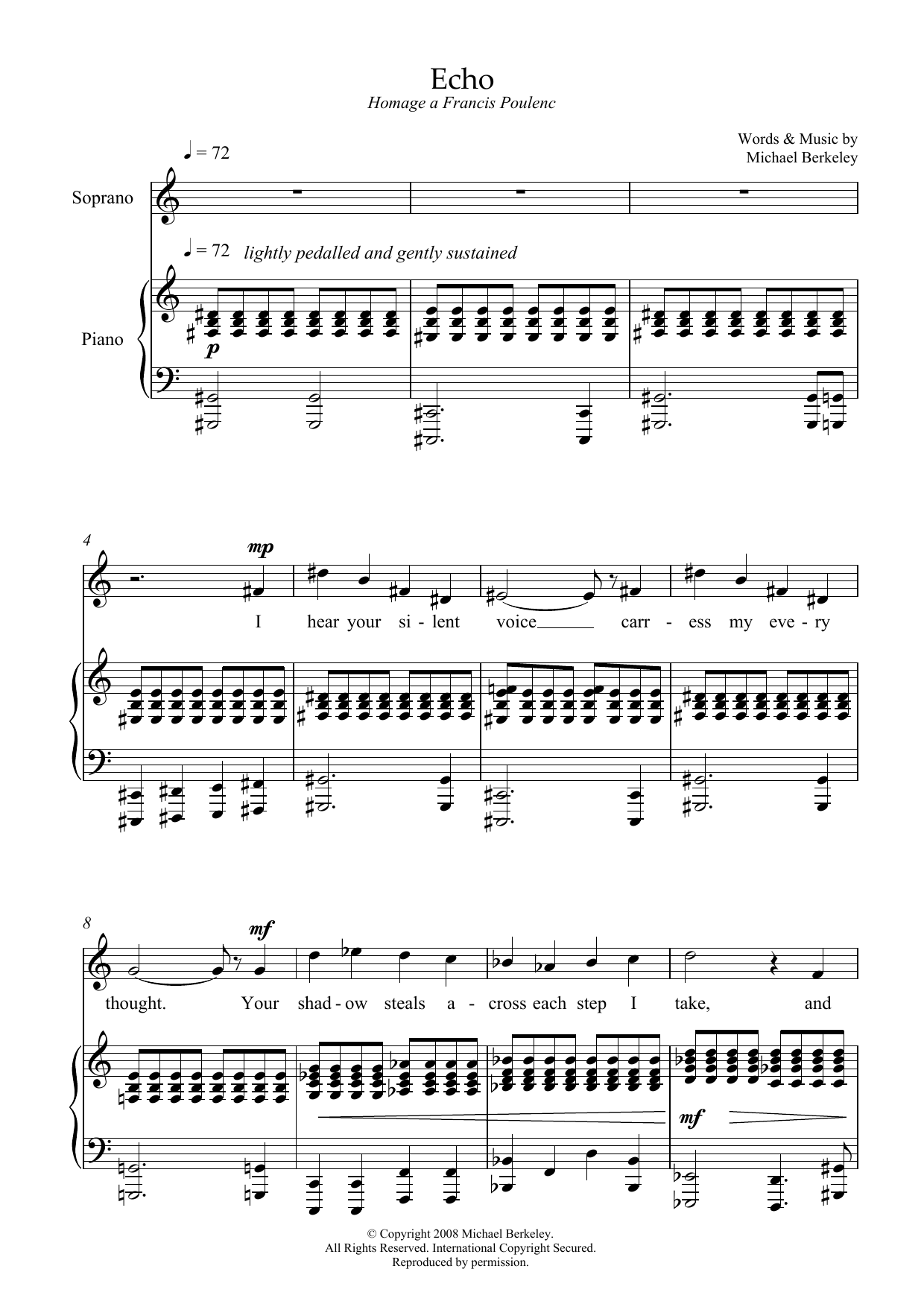 Michael Berkeley Echo: hommage a Francis Poulenc (for mezzo-soprano and piano) sheet music notes and chords arranged for Piano & Vocal