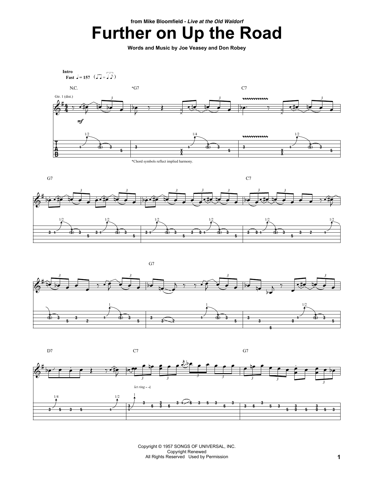 Michael Bloomfield Further On Up The Road sheet music notes and chords arranged for Guitar Tab