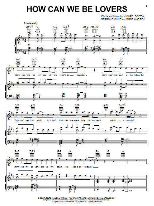 Michael Bolton How Can We Be Lovers sheet music notes and chords arranged for Piano, Vocal & Guitar Chords (Right-Hand Melody)