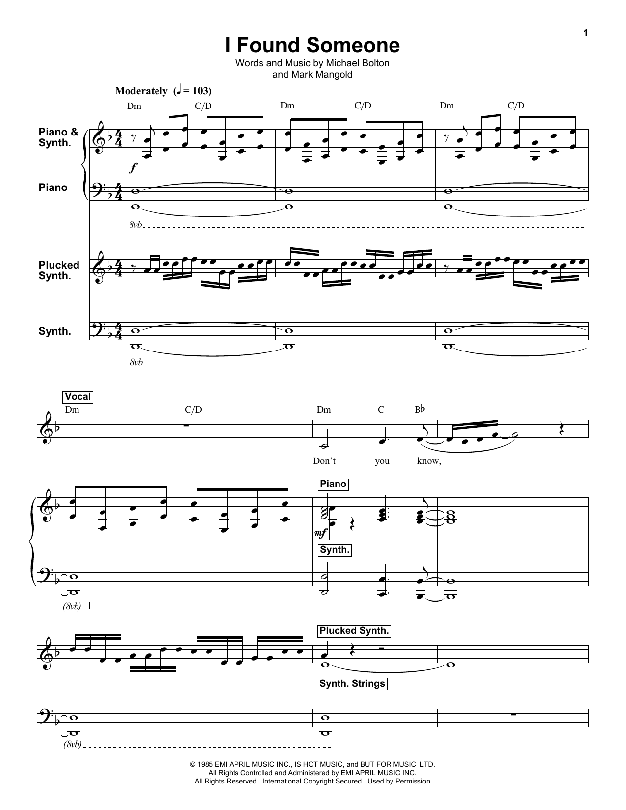 Michael Bolton I Found Someone sheet music notes and chords arranged for Keyboard Transcription