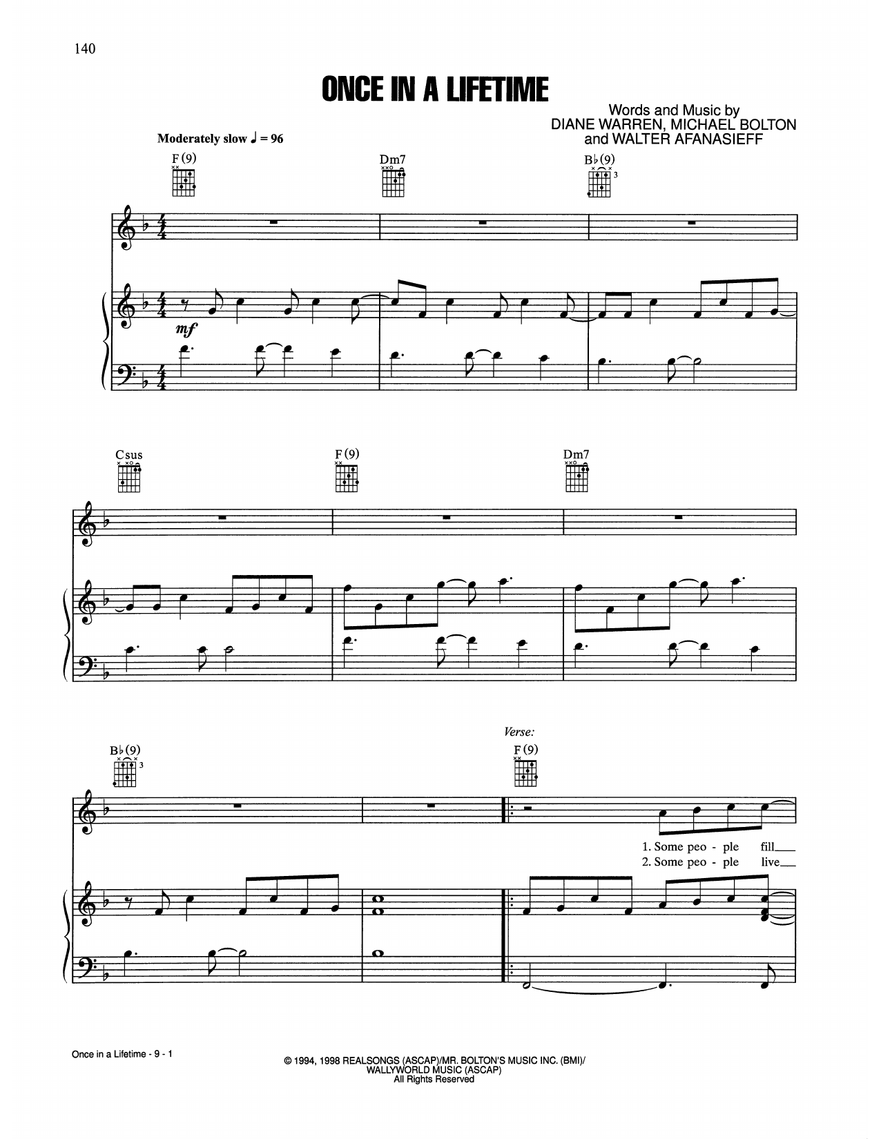 Michael Bolton Once In A Lifetime sheet music notes and chords arranged for Piano, Vocal & Guitar Chords (Right-Hand Melody)