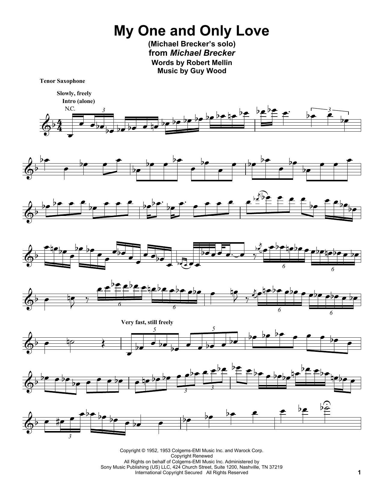 Michael Brecker My One And Only Love sheet music notes and chords arranged for Tenor Sax Transcription
