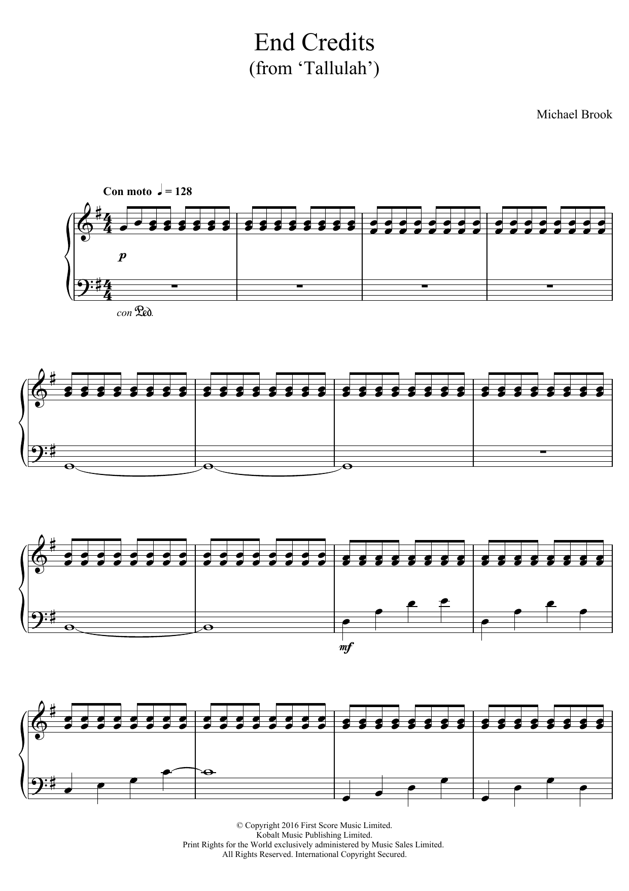 Michael Brook End Credits (from 'Tallulah') sheet music notes and chords arranged for Piano Solo
