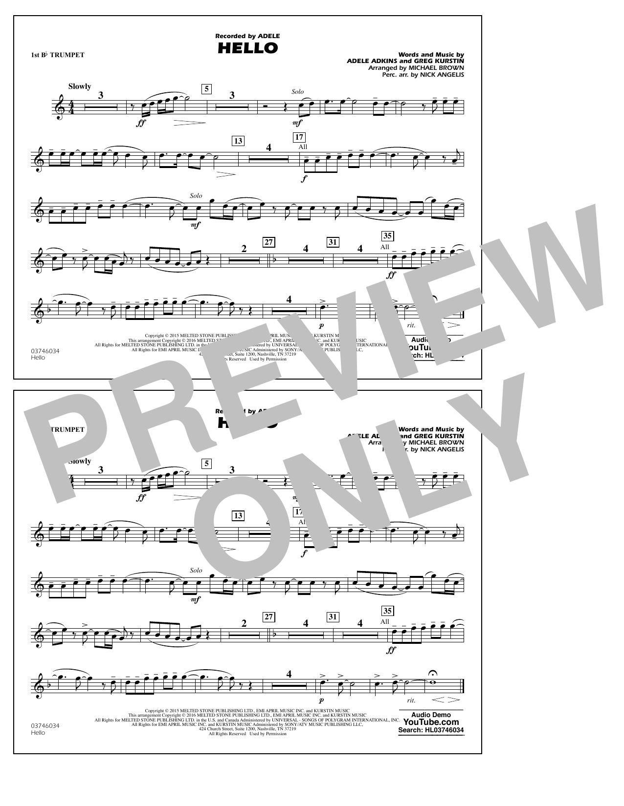 Michael Brown Hello - 1st Bb Trumpet sheet music notes and chords arranged for Marching Band