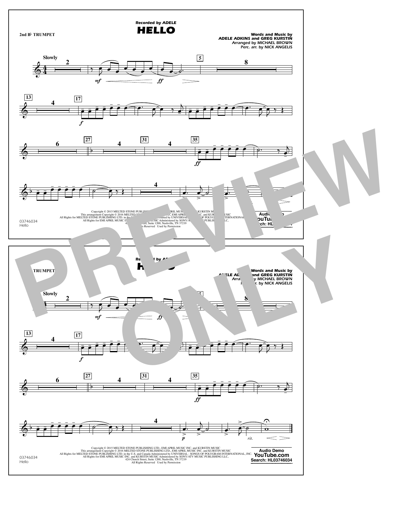 Michael Brown Hello - 2nd Bb Trumpet sheet music notes and chords arranged for Marching Band