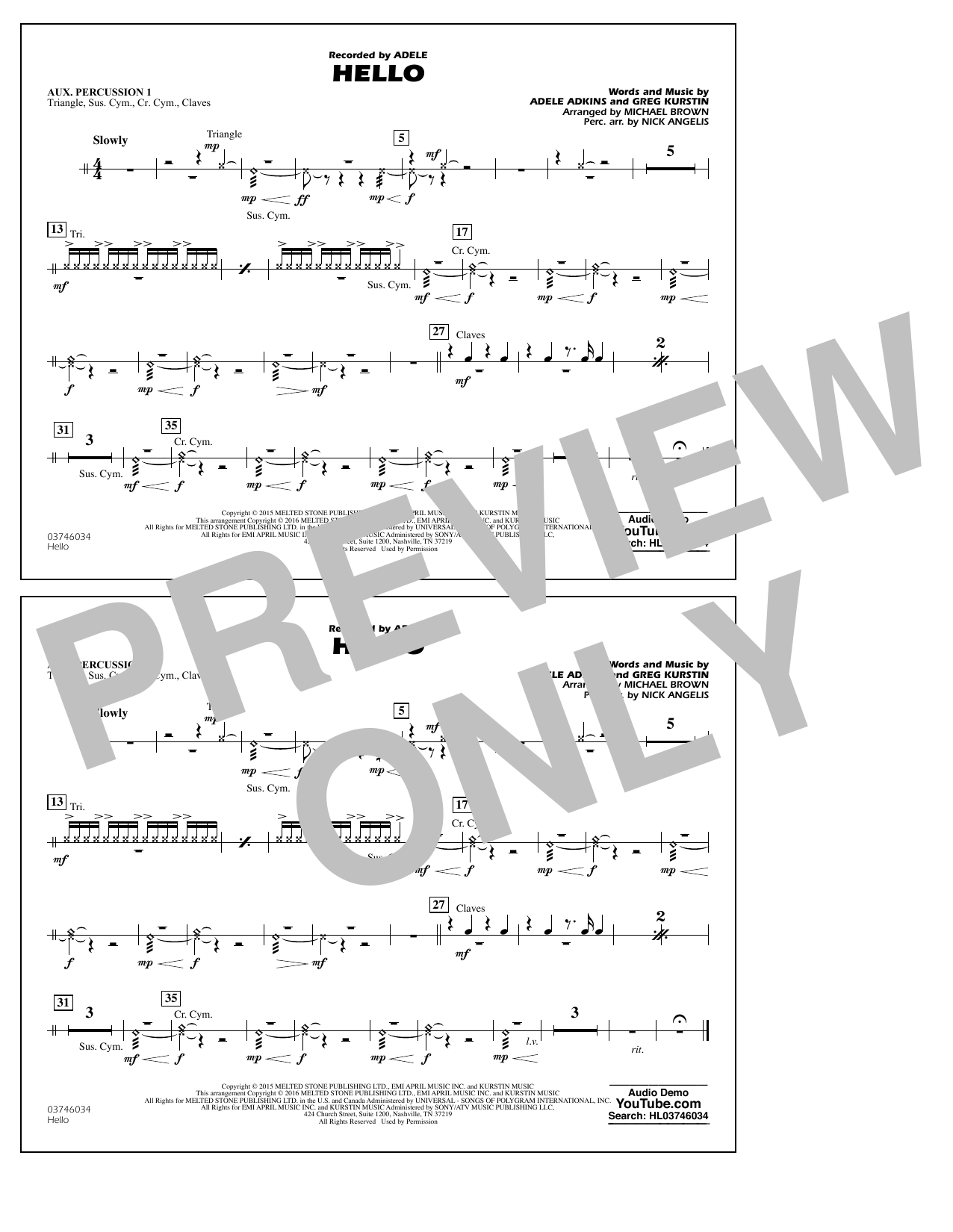 Michael Brown Hello - Aux. Percussion 1 sheet music notes and chords arranged for Marching Band